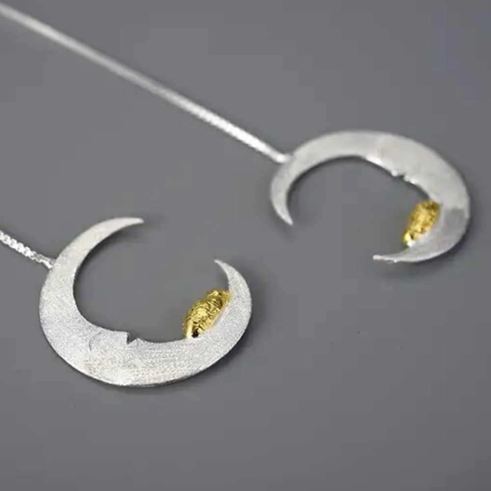 Artisan Handmade 925 Silver Dangle Moon Earrings - Picture 6 of 8